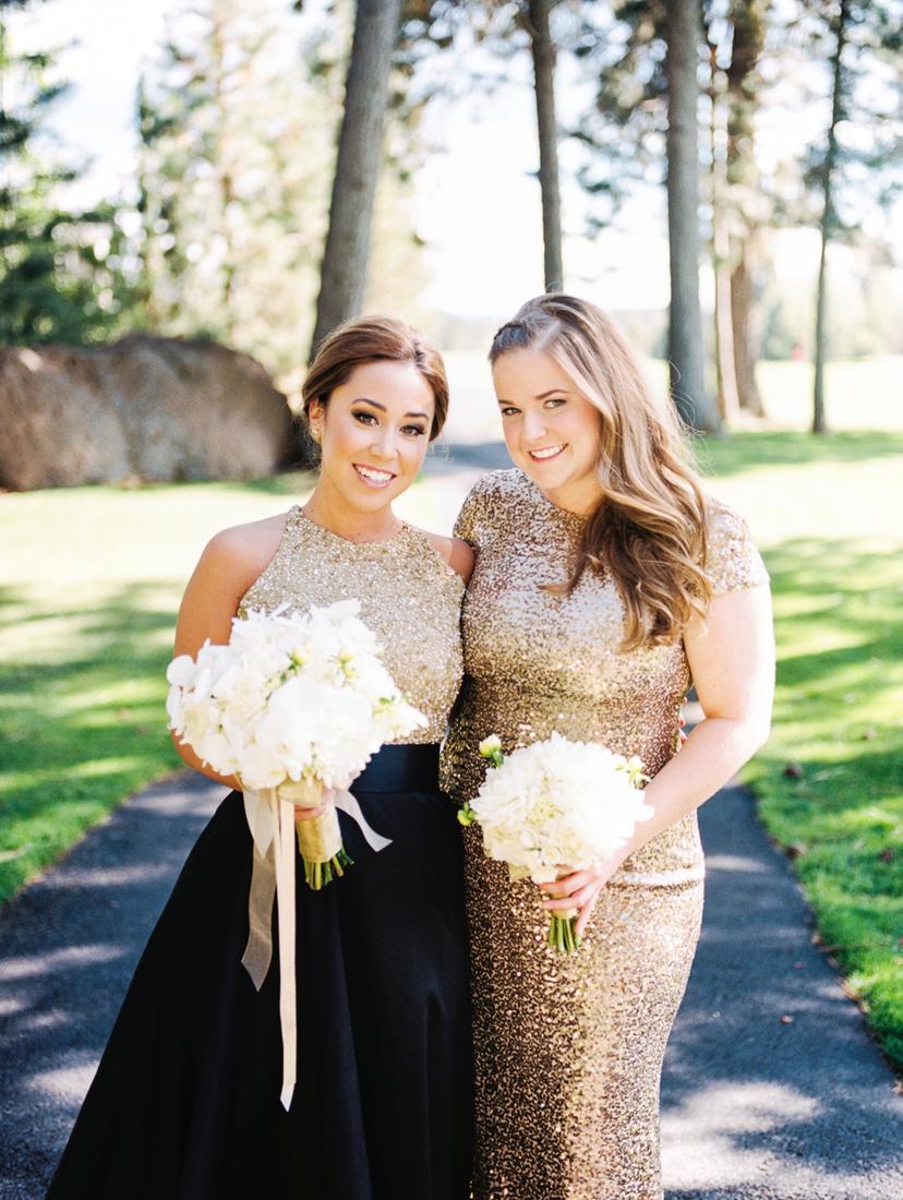 black white and gold bridesmaid dresses Hopelessly Elegant Black, White + Gold Outdoor Oregon Wedding