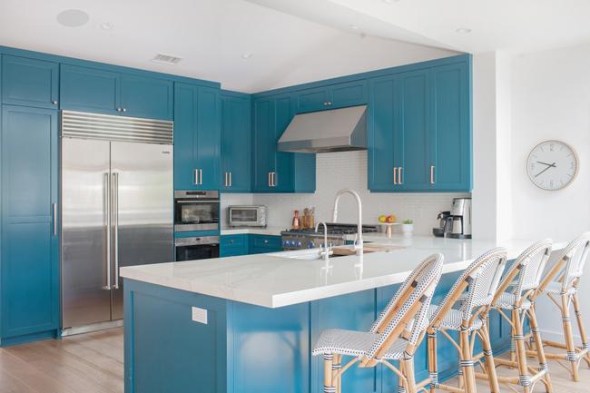 Newport Beach Home With Bold Turquoise, Bright Coloured Kitchen Cabinets