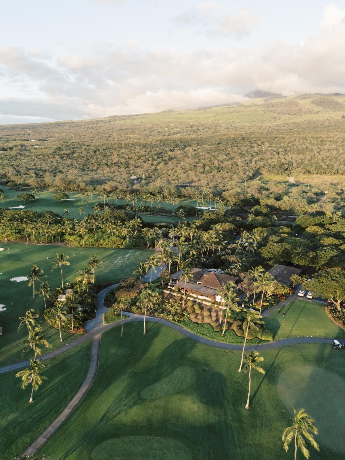 An aerial view of a green oceanfront resort and golf course on Maui at golden hour
