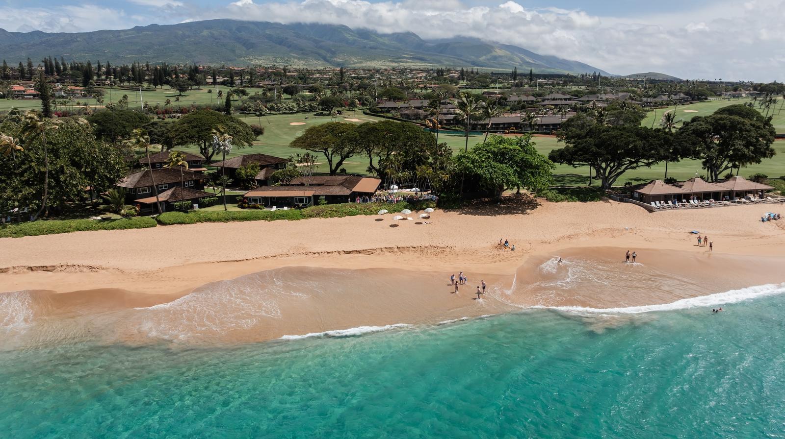 Aerial view of the Olowalu coastline and plantation house lawn in Maui
