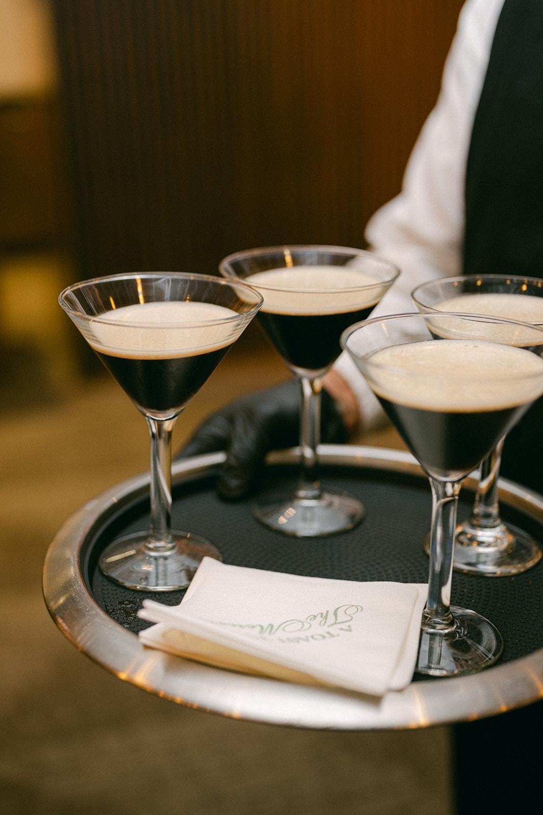 Espresso martinis on a silver tray