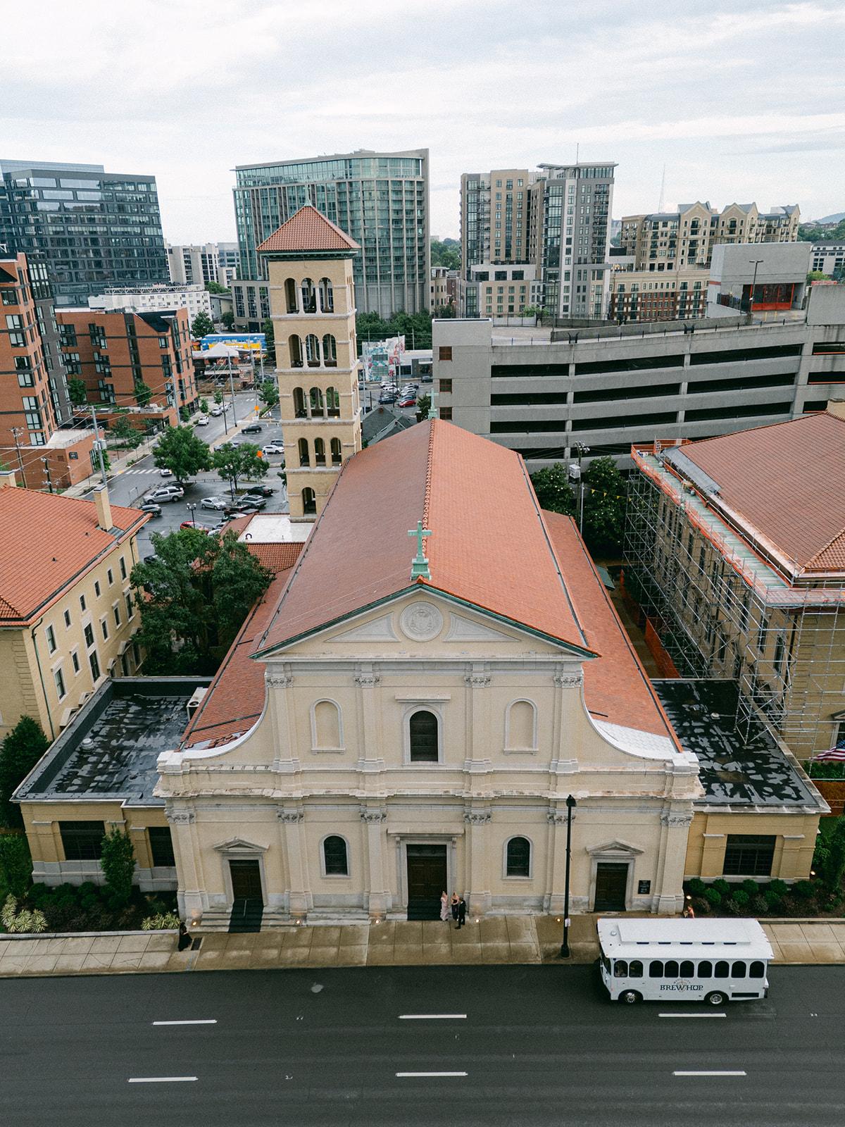 The cathedral and downtown Nashville from above