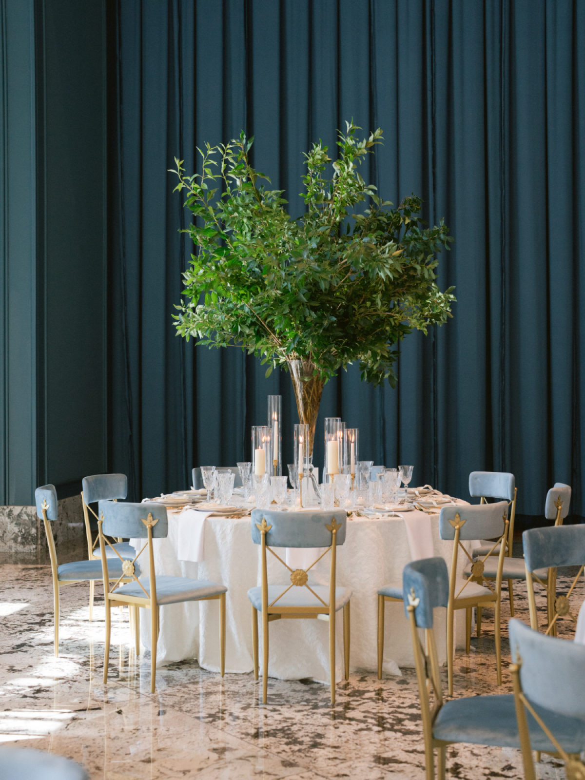 A Grand, Gold-Accented Celebration of Sculptural White Florals at The Fisher Center for Performing Arts